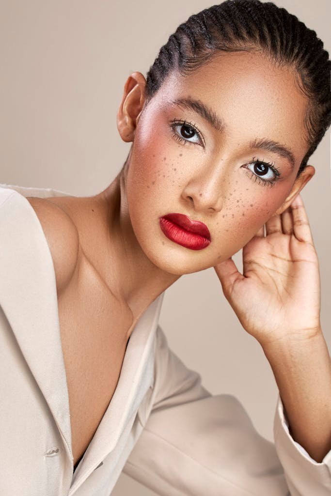 Close-up portrait of a stylish woman with red lips and freckles in a studio setting.