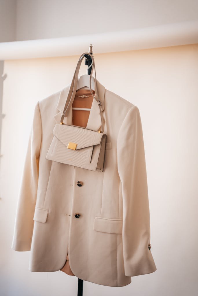 Stylish beige blazer and handbag artfully displayed on a hanger.