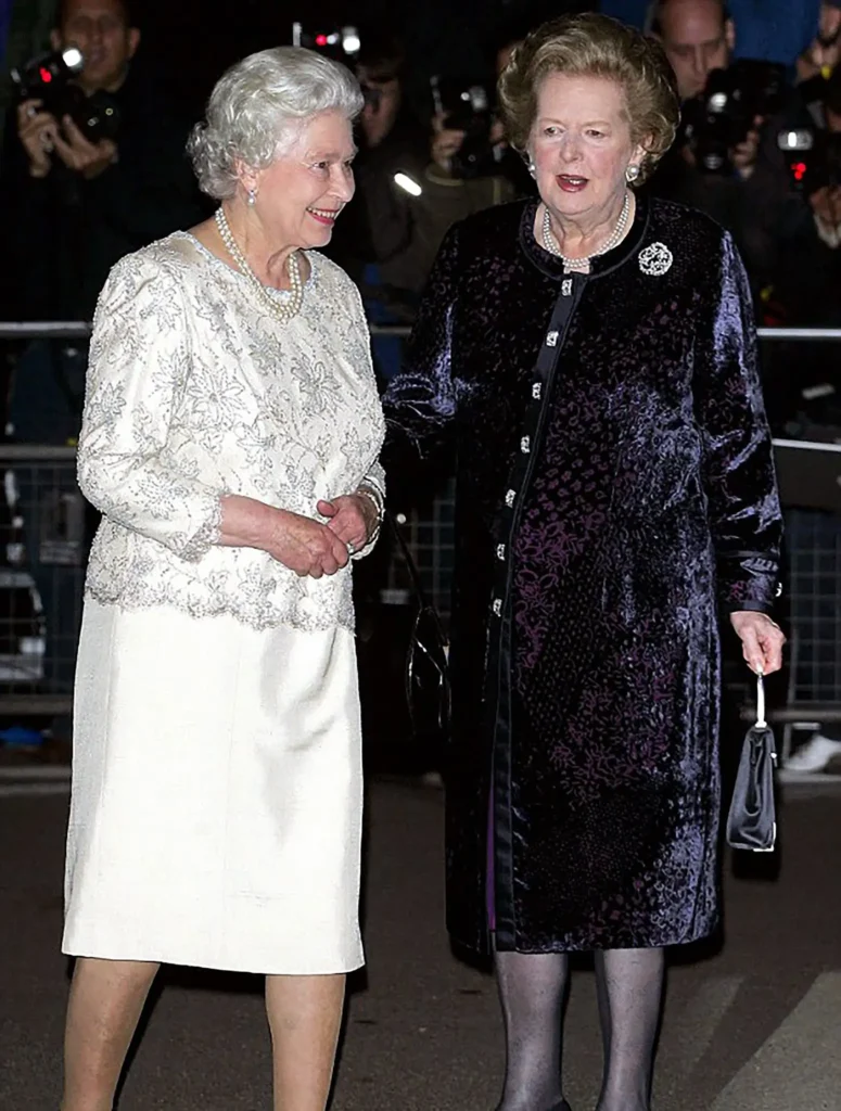 Margaret Thatcher and Queen Elizabeth II at Mrs. Thatcher's 80th birthday party in London in 2005