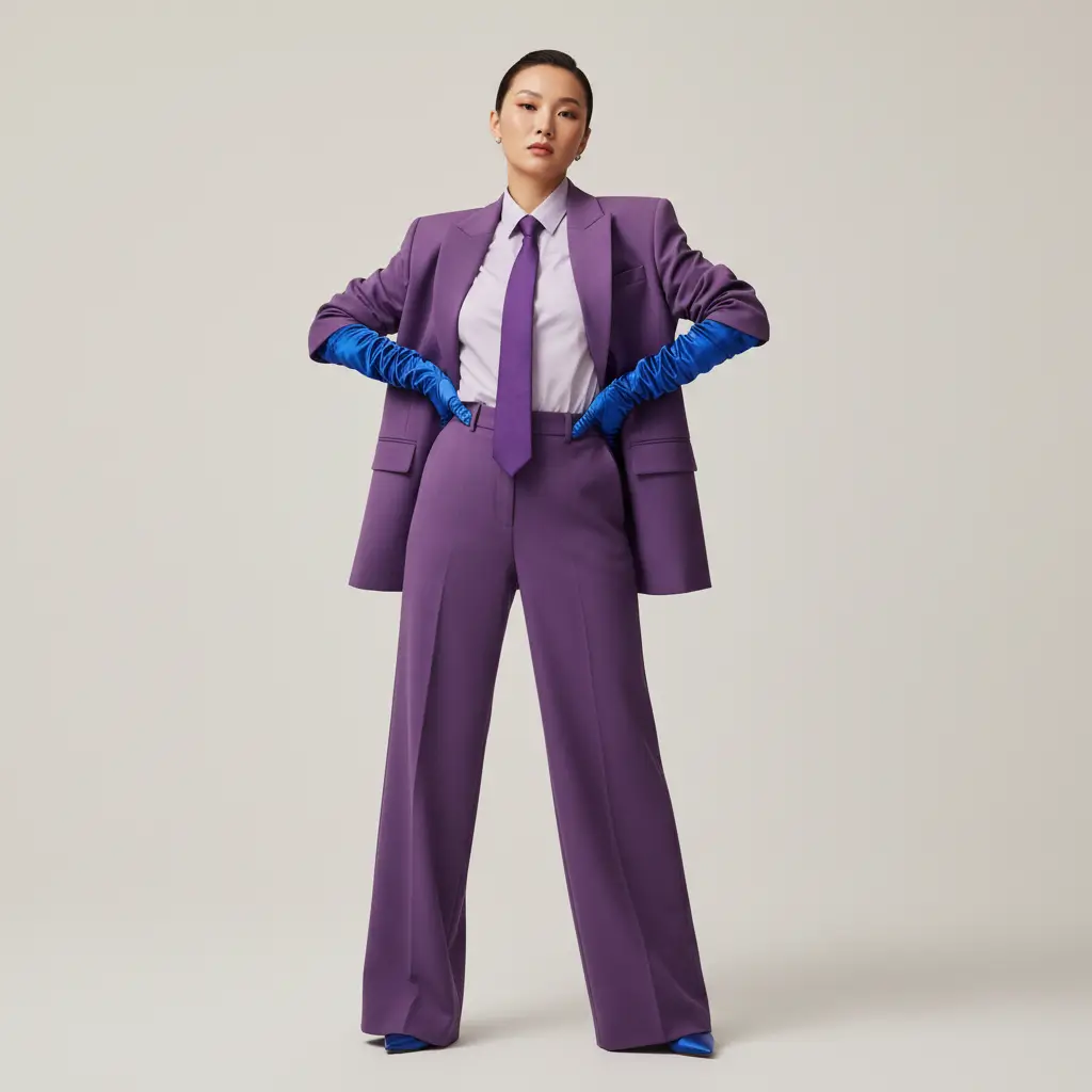 femme distinguée portant un tailleur violet et des gants bleus