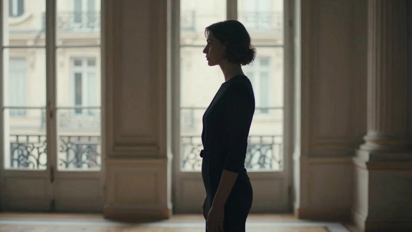 Elegant silhouette with impeccable posture in a haussmannian architectural interior, soft natural window light, desatura