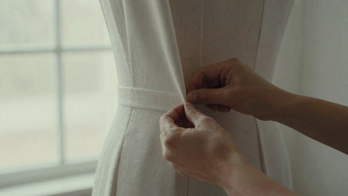 Detail of tailored garment adjustment by artisan hands, focus on texture and material, soft natural window light, desatu