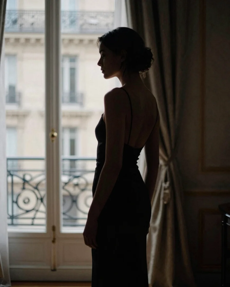 Elegant silhouette in a Haussmannian apartment, soft natural window light, desaturated muted tones, shallow depth of fie