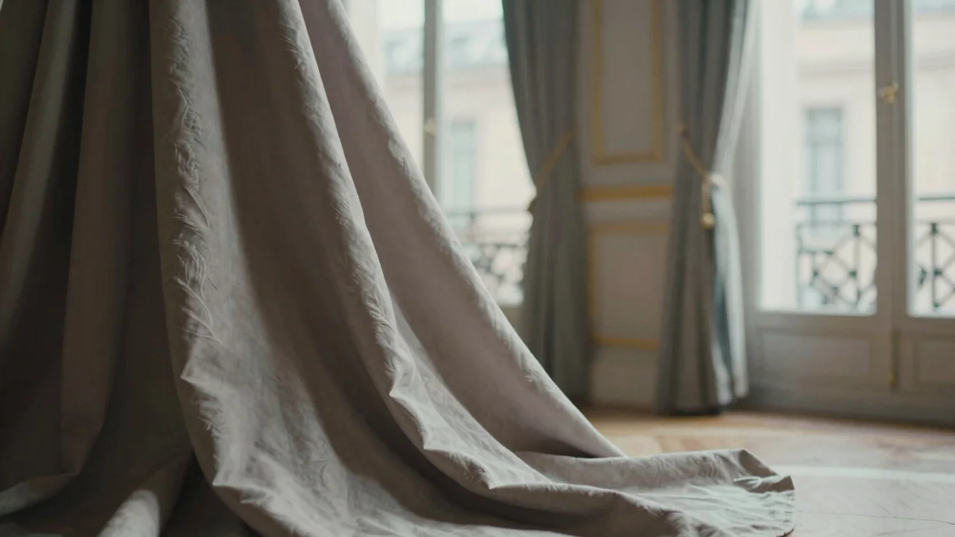 Close-up of noble fabric drapes in muted tones, soft natural window light, haussmannian interior background, shallow dep